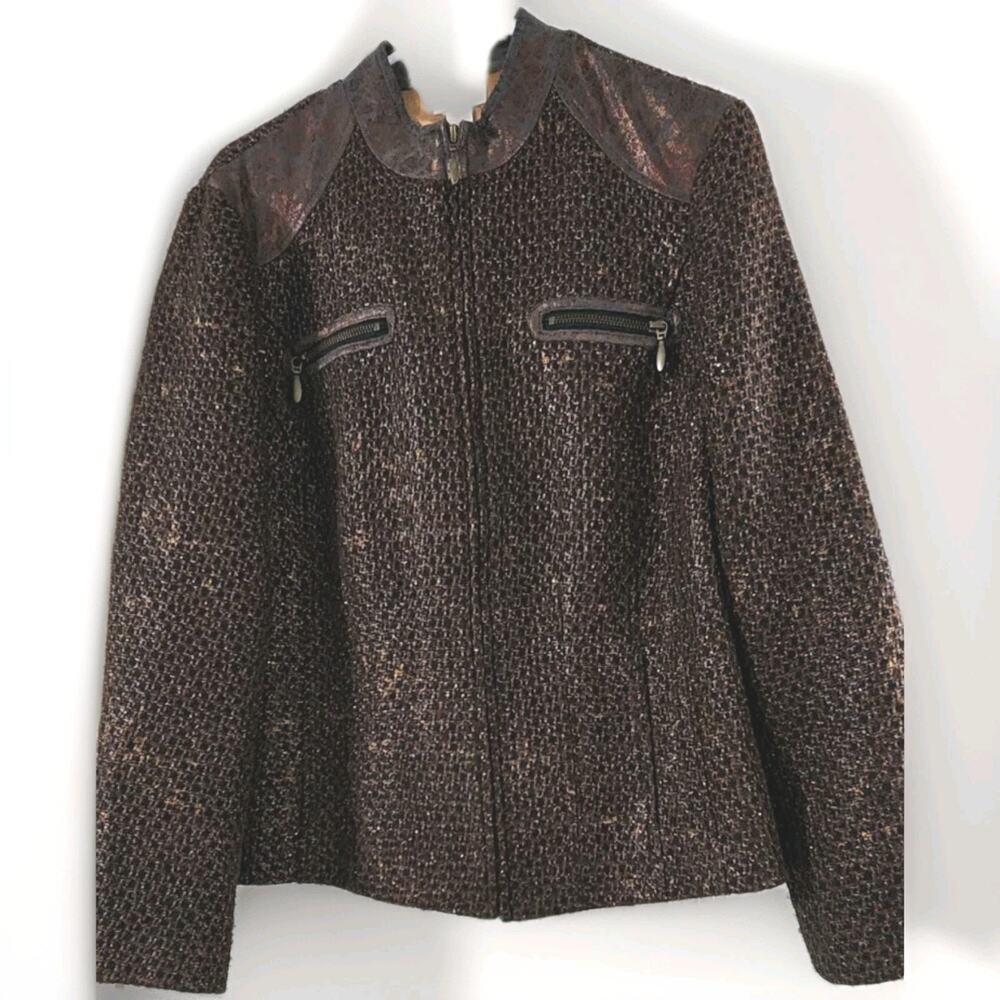 Chico’s Women’s 2 Lg 12 Brown Tweed Metallic Full Zip Lined Moto Style Jacket